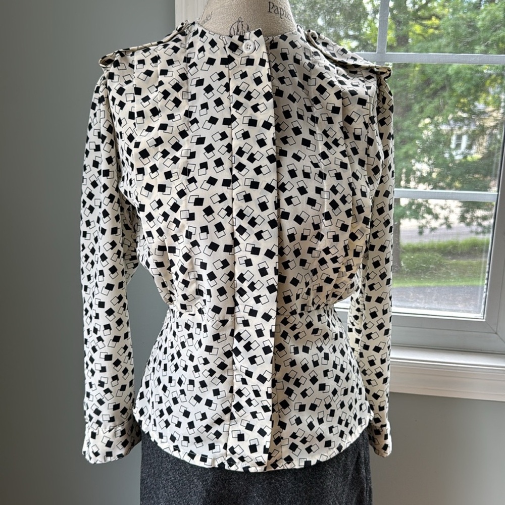 Vintage Worthington peplum button-down top ivory/black geometric EUC SMALL - Picture 2 of 12